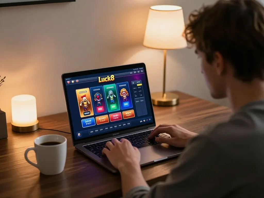 Engaging with luck8 online casino gameplay on a laptop in a warm, cozy atmosphere
