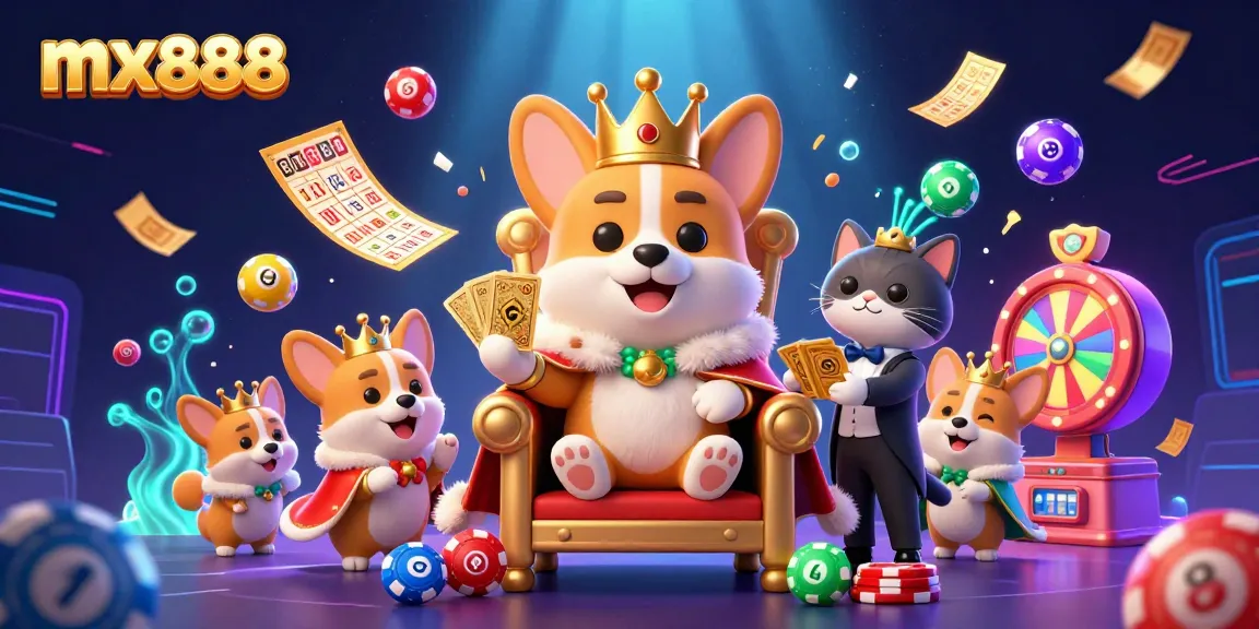 Experience the excitement of mx888 with a royal corgi and lively gaming elements in an engaging illustration.