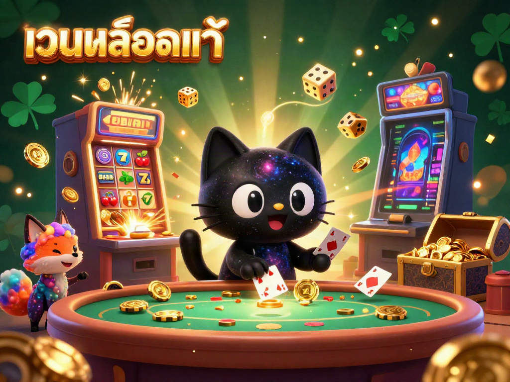 Engage in เว็บสล็อตแท้ with a captivating cosmic casino scene featuring unique characters and abundant gaming elements.