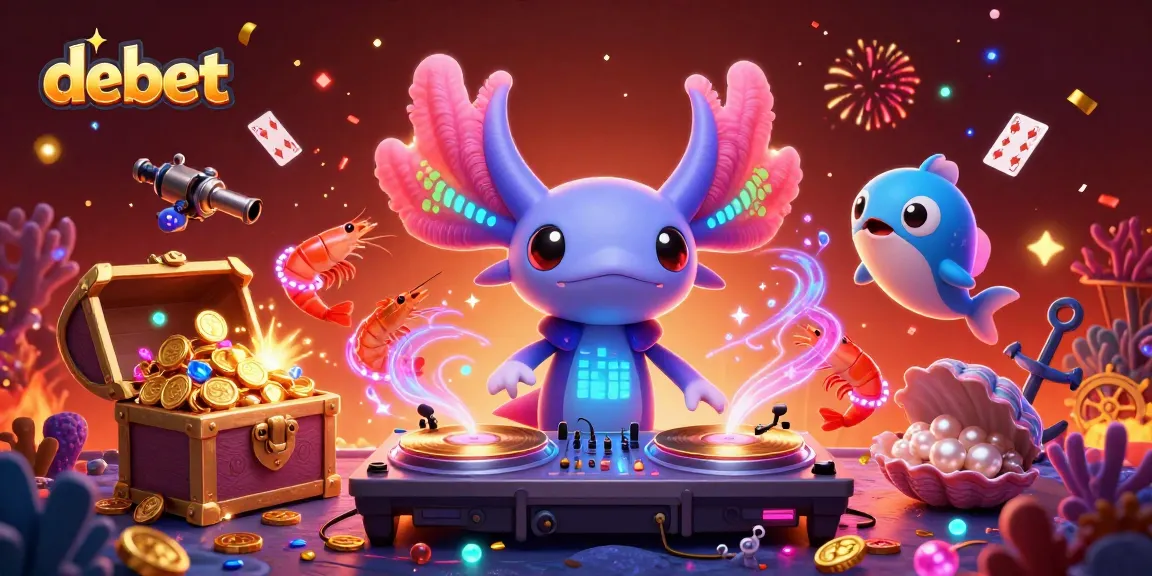 Engage with the vibrant debet scene featuring an axolotl DJ, shrimp dancers, and treasure.