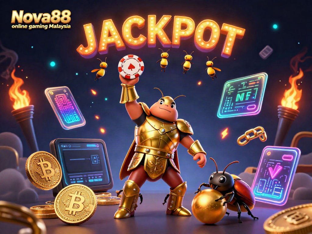 Experience excitement with Nova88 online gaming Malaysia through a vibrant 3D casino scene filled with action and energy.