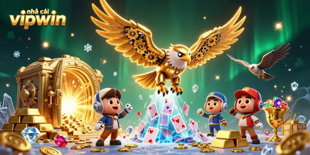 Experience the excitement of nhà cái vipwin with a cybernetic eagle soaring through holographic cards and shimmering treasures.