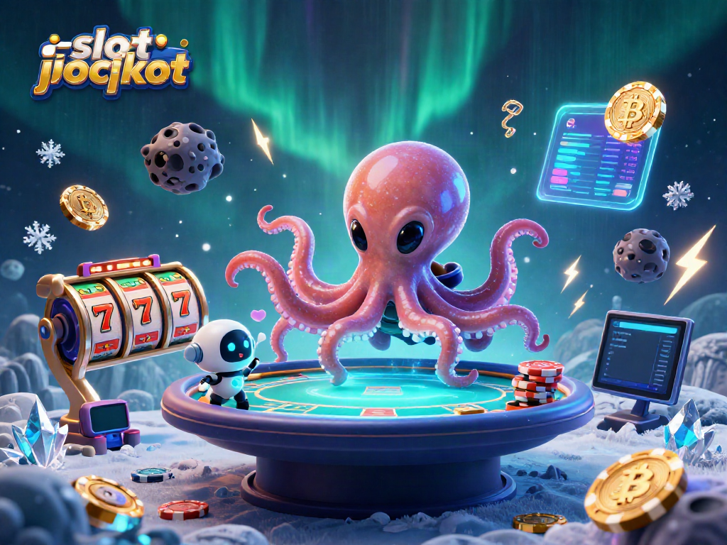 Engaging scene portraying an alien octopus celebrating a slot jackpot win with vibrant digital effects.