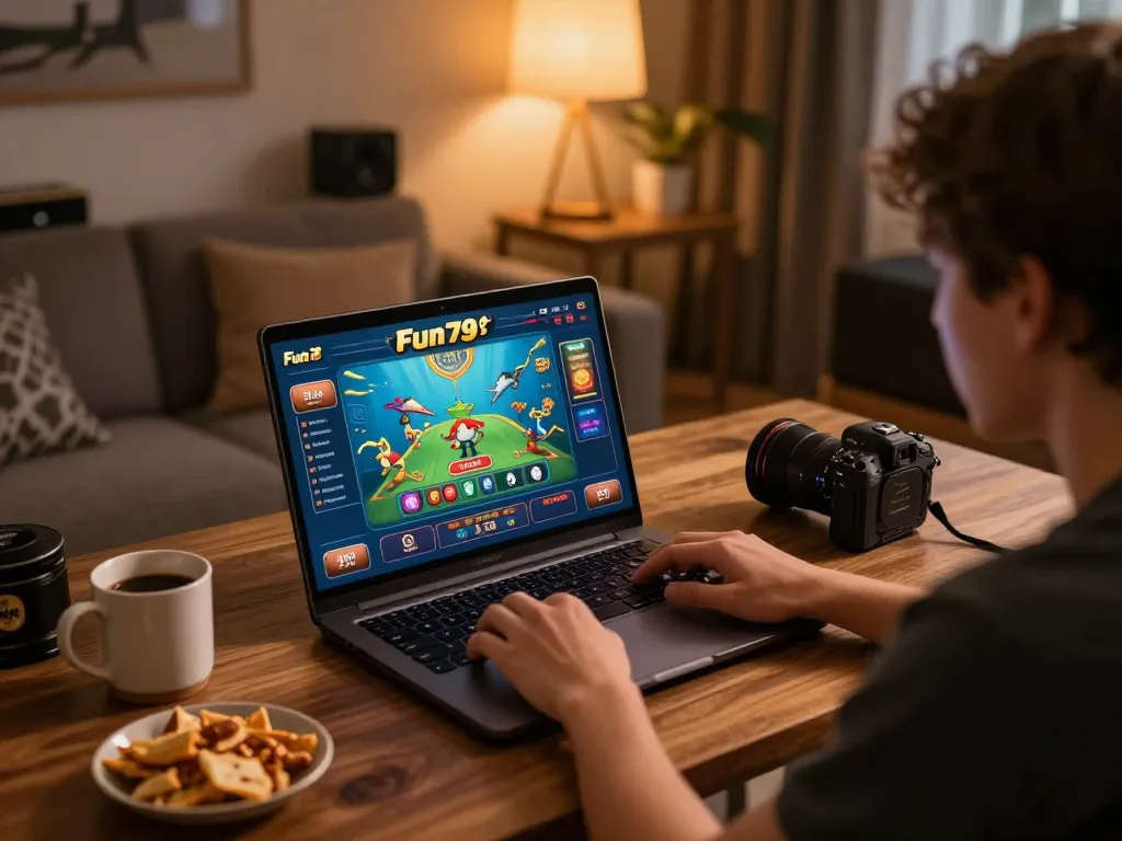 Engaging gameplay on Fun79's online fishing game at a cozy home setup, showcasing strategic entertainment.