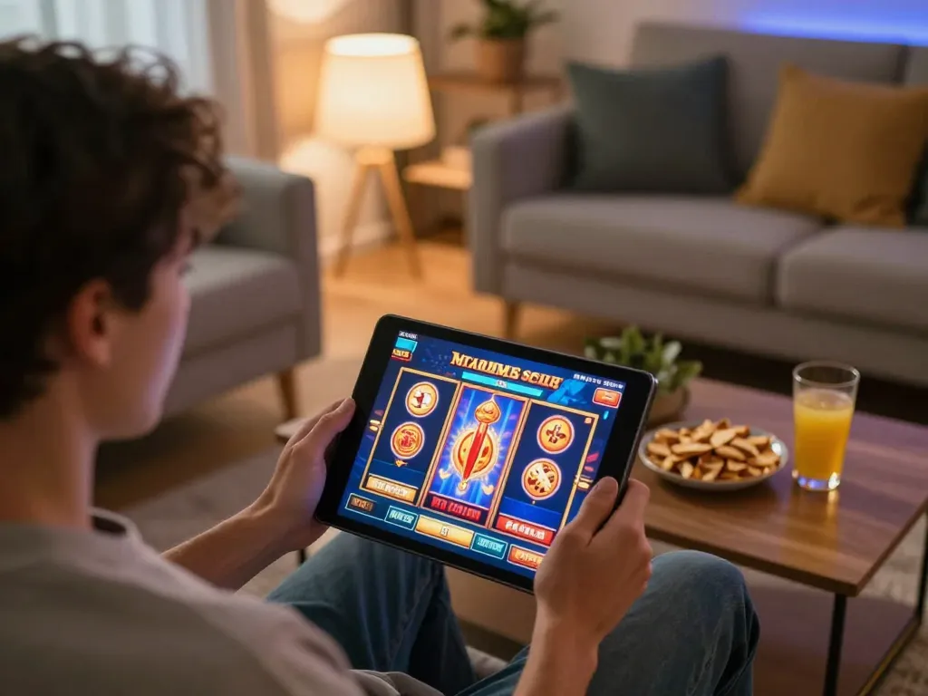 Engaging slot gaming experience with MM88 CENTER on a tablet in a cozy home setting