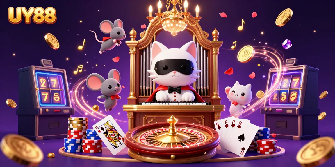 Experience the excitement of UY88 with a captivating 3D casino scene featuring winning games and festive elements.