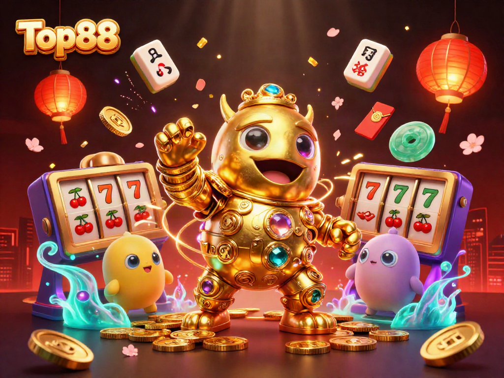 Win big with Top88 gaming visuals showcasing a golden golem and slot reels bursting with excitement.