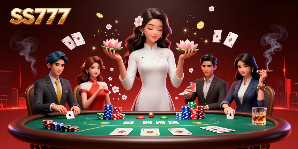 Experience SS777's dynamic gameplay with a photorealistic Asian woman depicting casino elegance amidst poker elements.