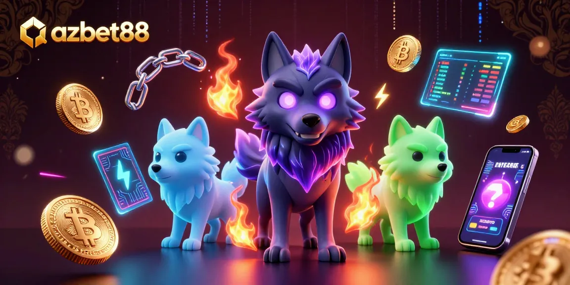 Engage with azbet88's dynamic online casino scene featuring vibrant characters and crypto elements.
