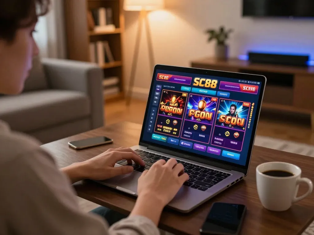 Player enjoying SC88 online gaming on laptop in a cozy home setting
