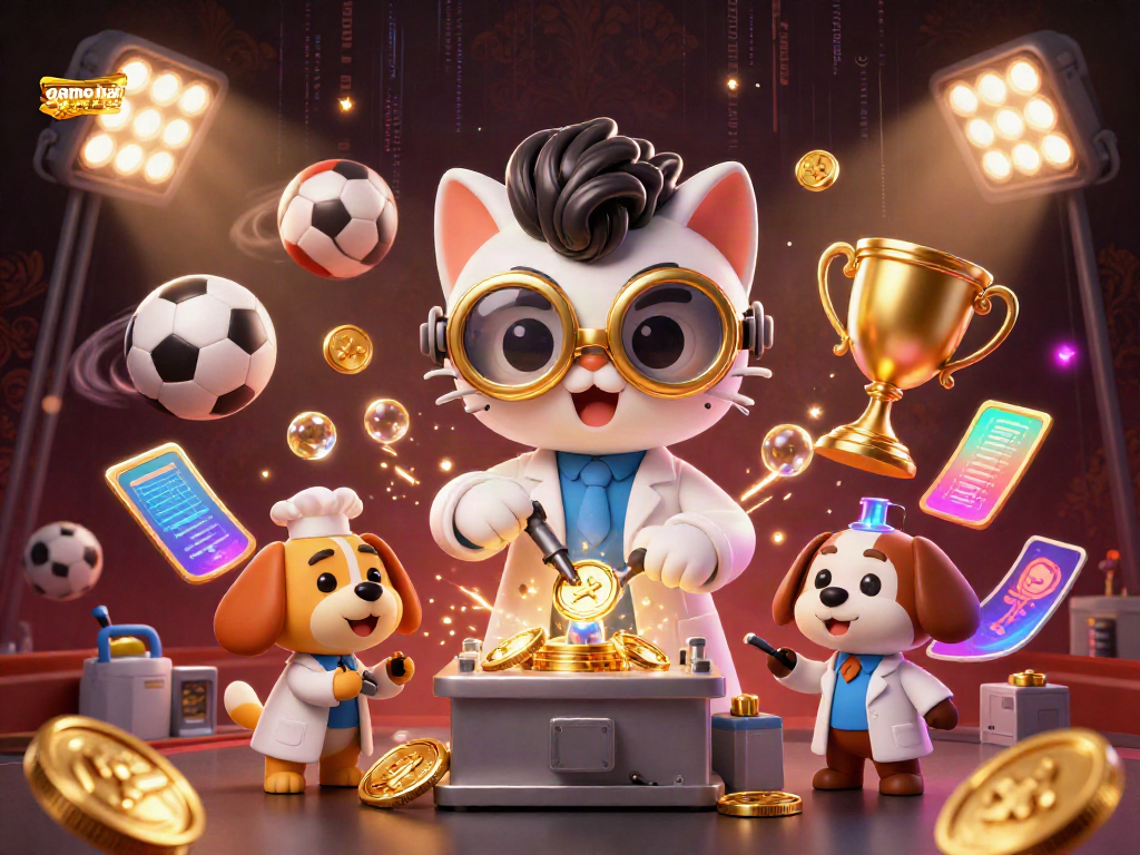 Engage in game bài đổi thưởng uy tín with the lively lab scene showcasing a cat and dog creating golden coins amidst dynamic sports elements.