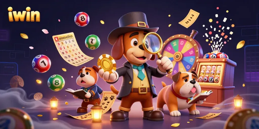 Join the iwin adventure with a detective and dog uncovering casino treasures and vibrant lottery elements.