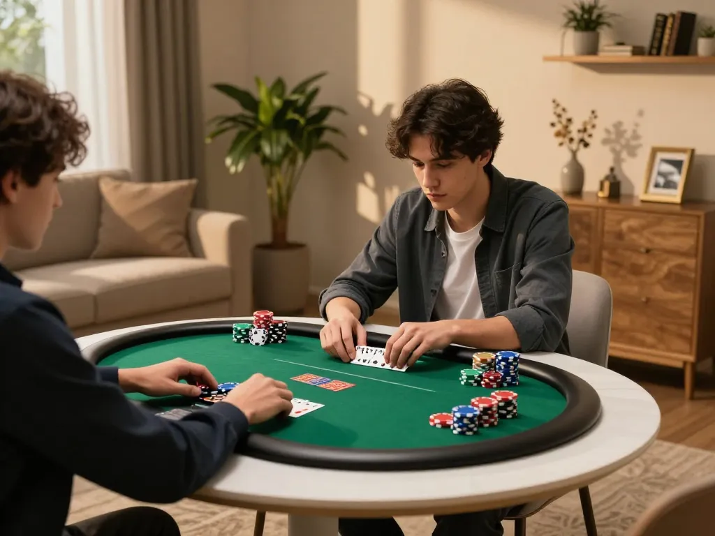 Person engaged in an online poker game at OKFUN with vibrant chips and cozy ambiance.