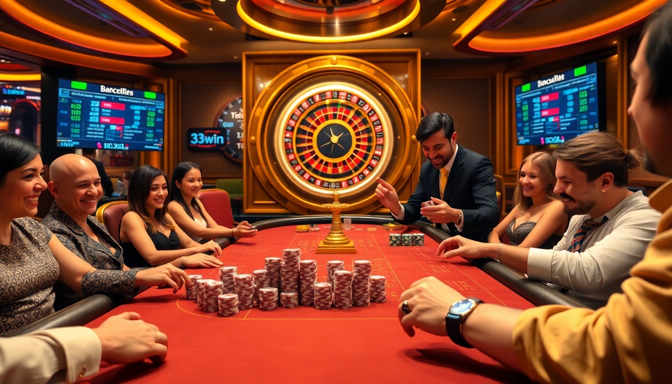 Players winning at a baccarat table in a luxurious casino setting featuring 33win gaming elements.