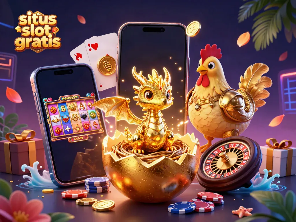 Experience the thrill of situs slot gratis with this vibrant 3D illustration of gold dragon and poker chips.