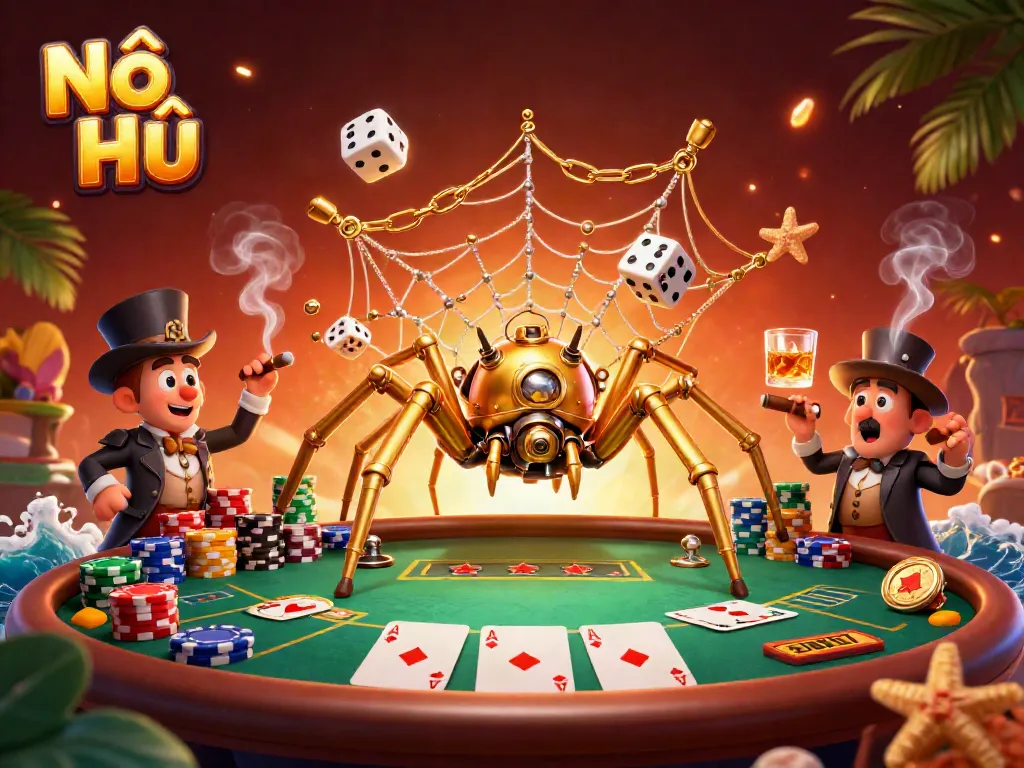 Engaging Nổ Hũ scene illustrating a steampunk spider amidst a vibrant casino setting with poker elements.