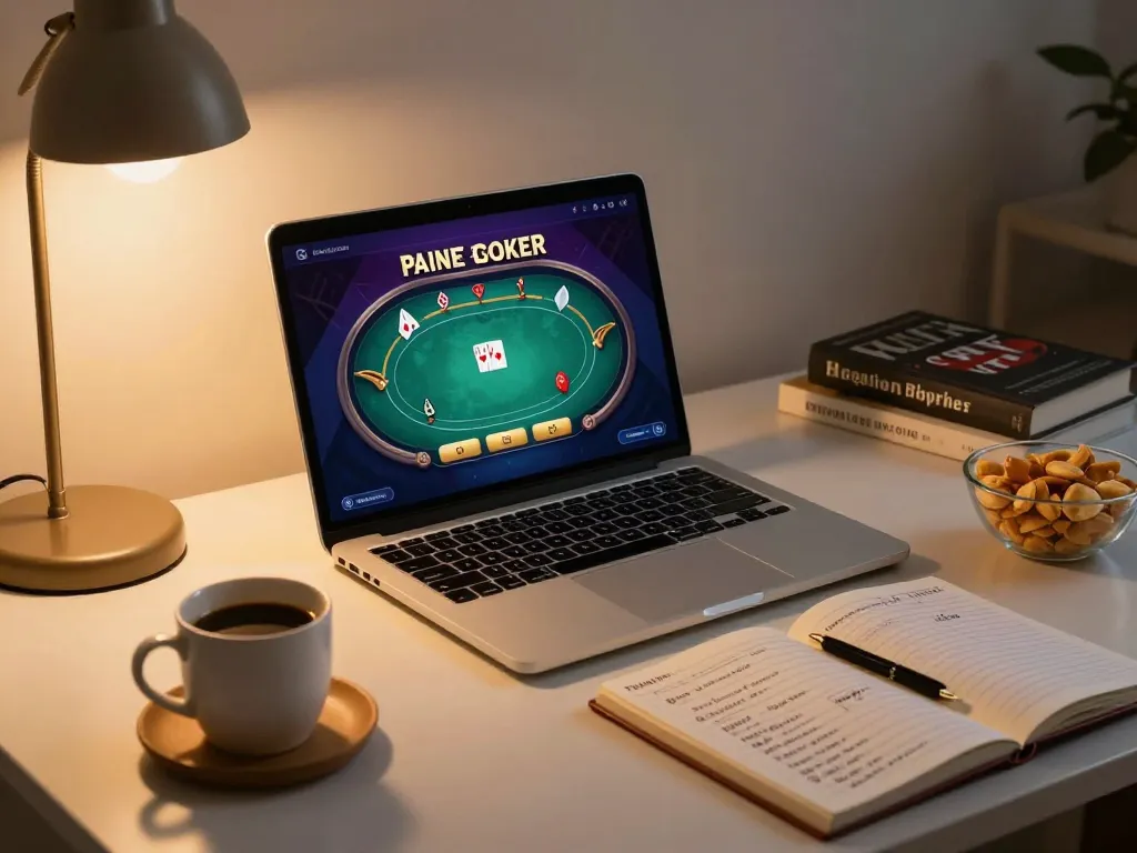 Engage in strategic online poker with SC88 from a cozy home setup featuring a laptop and snacks