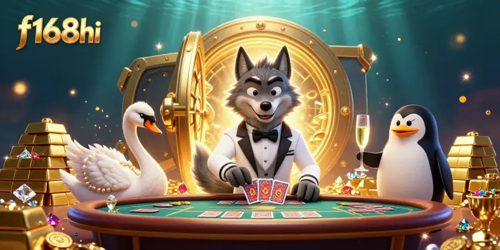 Experience the thrill of gaming at f168hi with a lively casino illustration featuring a wolf, swan, and penguin.