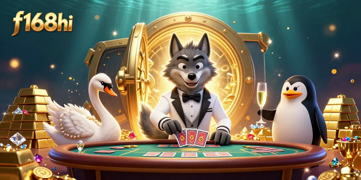 Experience the thrill of gaming at f168hi with a lively casino illustration featuring a wolf, swan, and penguin.