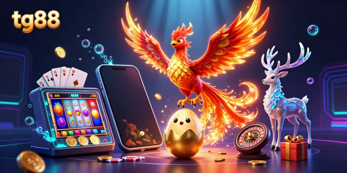 Experience the thrill of tg88's casino world with a dynamic 3D illustration showcasing vibrant gaming elements.