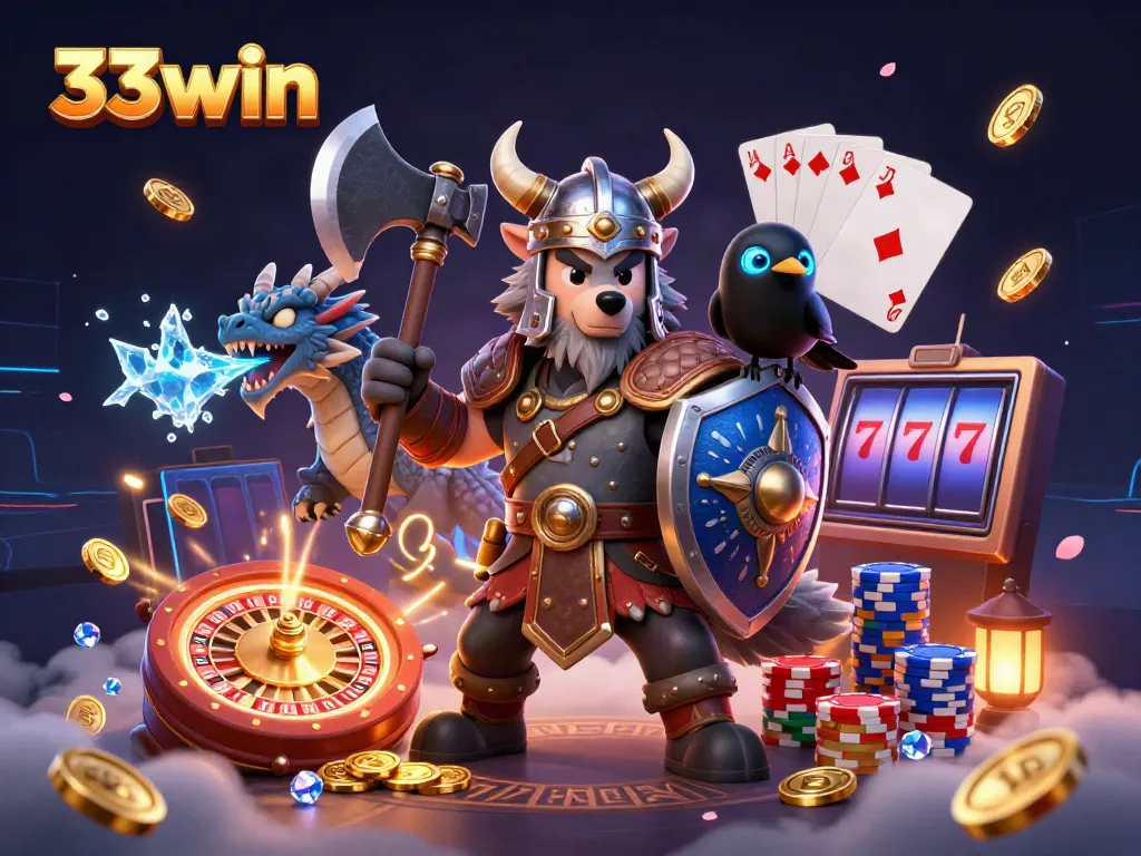 Experience exciting gameplay with 33win in this vibrant 3D casino illustration showcasing engaging characters and casino elements.