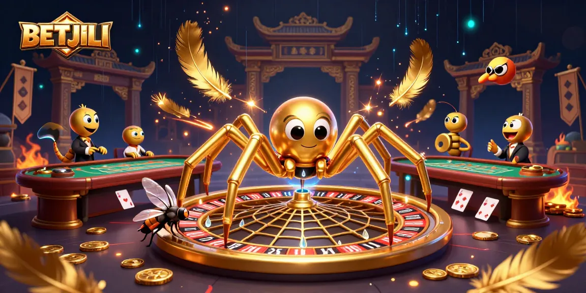 BETJILI showcases a thrilling gaming scene with a spider spinning a roulette wheel web and a centipede croupier amidst gold coins.