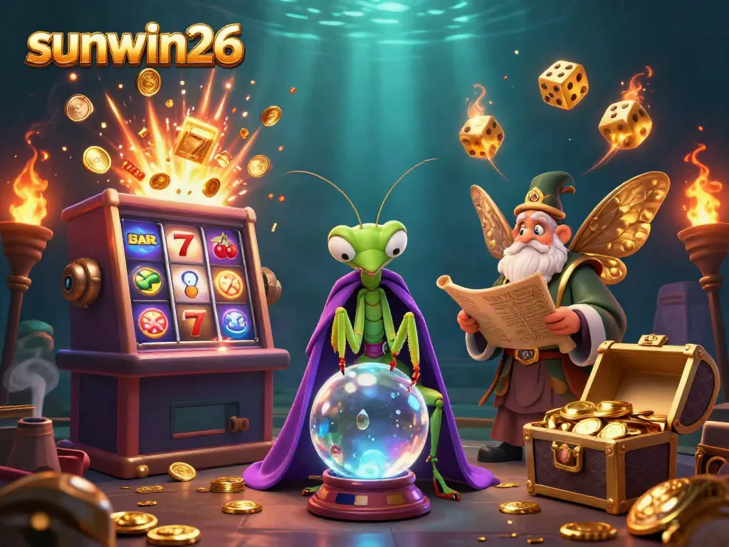 Experience the excitement of sunwin26 with a vibrant casino scene showcasing a fortune teller and slot machine bursting with riches.