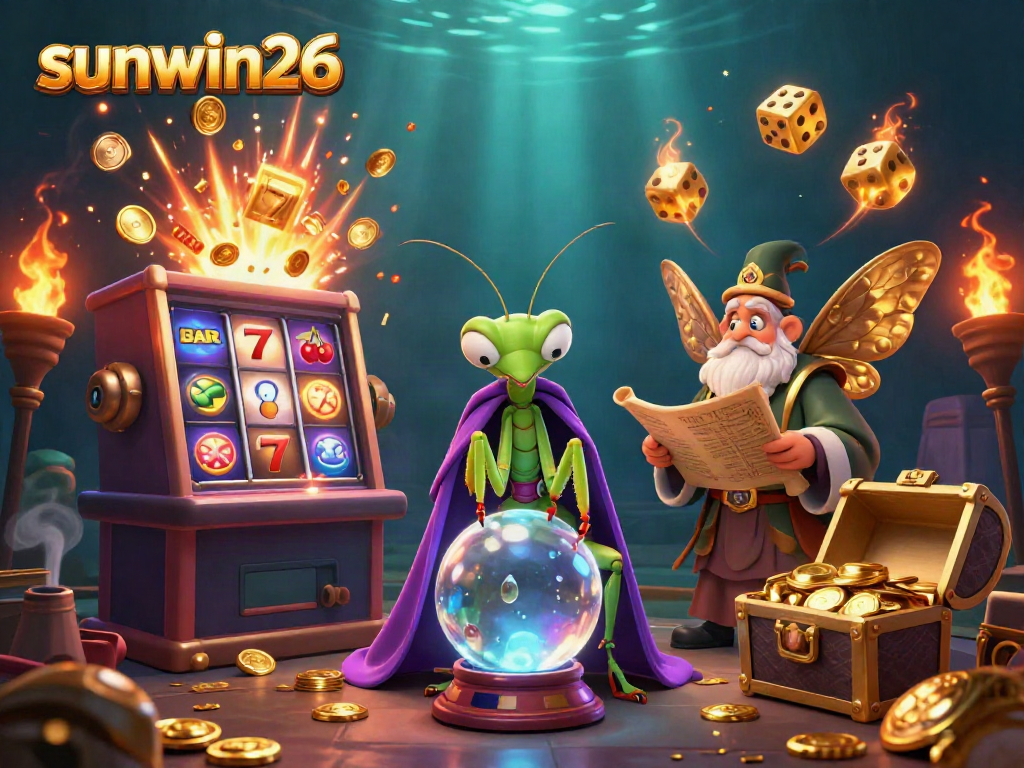 Experience the excitement of sunwin26 with a vibrant casino scene showcasing a fortune teller and slot machine bursting with riches.