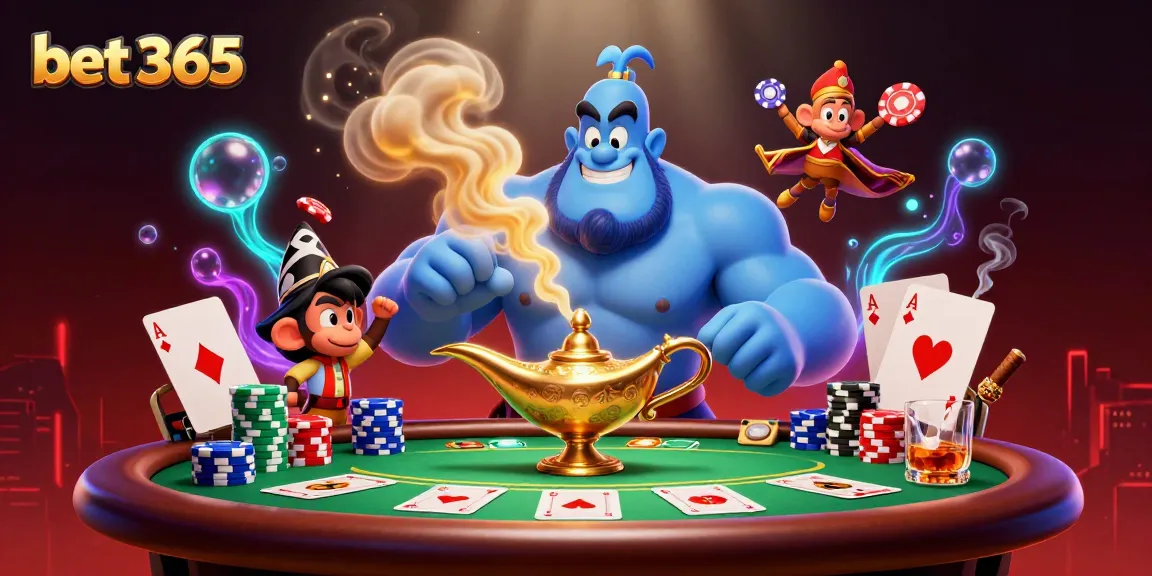Experience the magic of betting at bet 365 with a colorful illustration of a genie, poker elements, and vibrant casino ambiance.