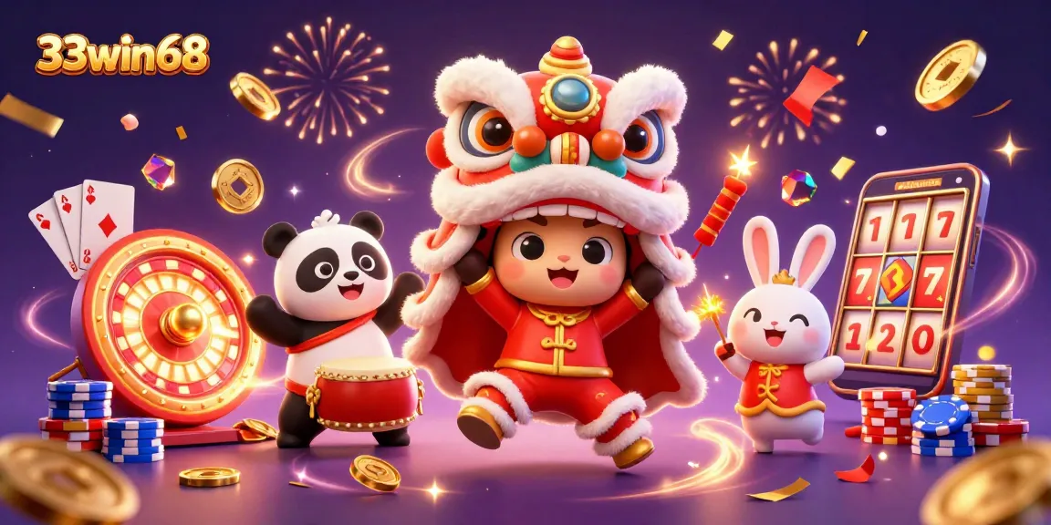 Celebrate with 33win68 as adorable characters dance amidst dazzling casino elements and festive explosions.