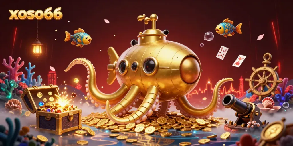 Xoso66 captures the excitement of online gaming with a golden kraken submarine exploring treasure in a vibrant underwater scene.