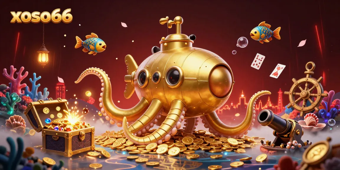 Xoso66 captures the excitement of online gaming with a golden kraken submarine exploring treasure in a vibrant underwater scene.