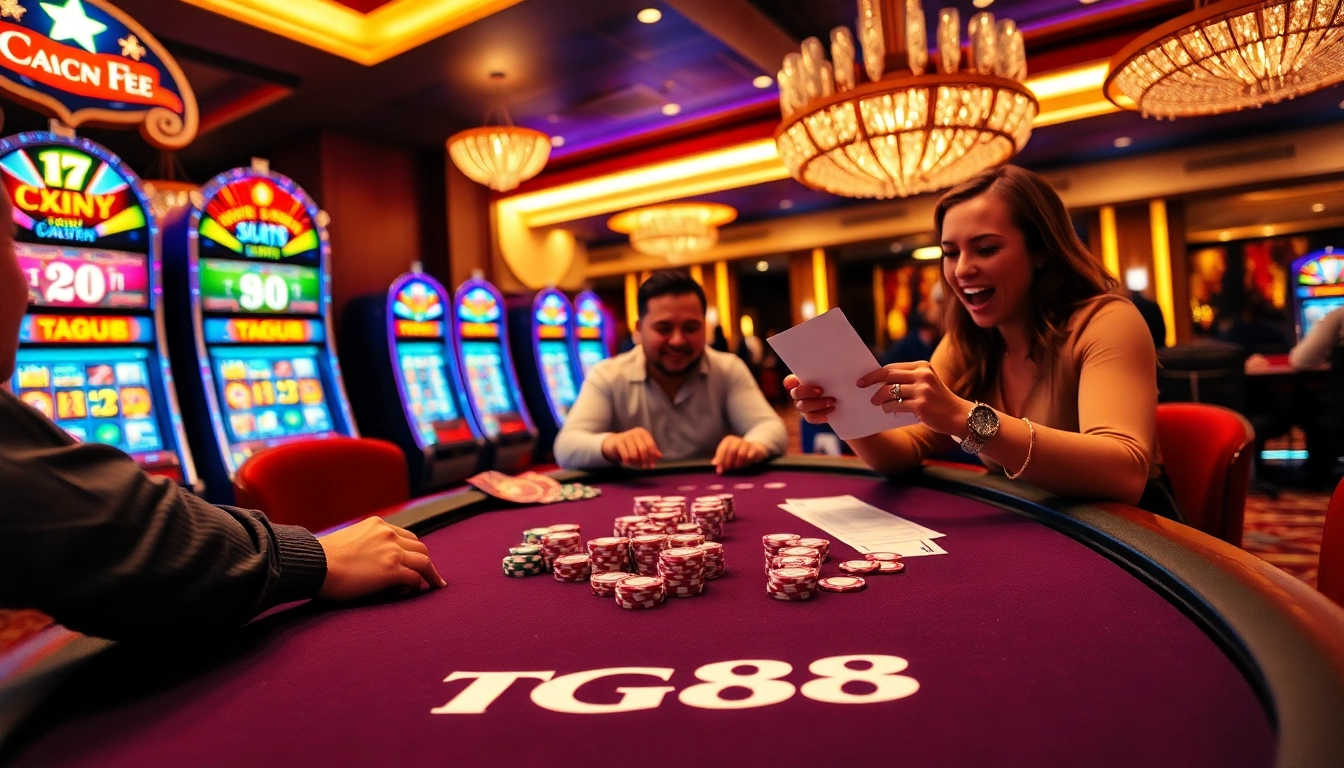 Experience the excitement of tg88 gaming with colorful chips and vibrant slot machines in an upscale casino.