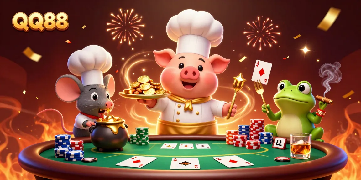 QQ88 serves a feast of gold coins, showcasing the excitement of poker with vibrant casino elements.