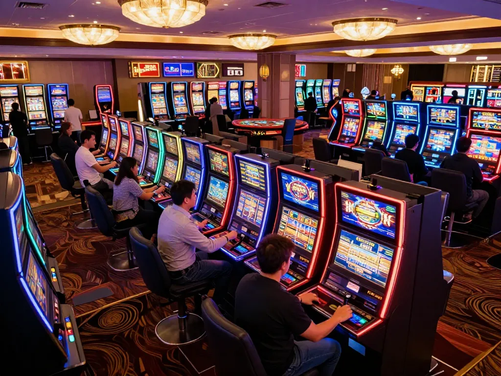 Players enjoying high-energy slot machine games in the lively CM88 casino atmosphere with bright displays and dynamic engagement.