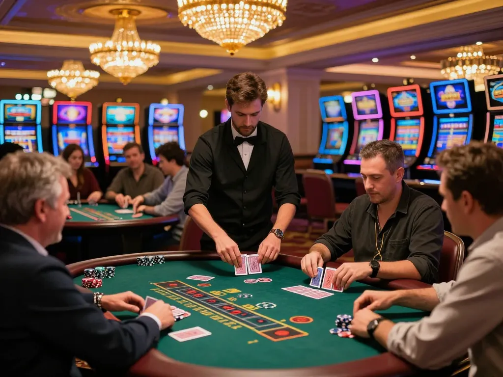 Engaged players enjoying blackjack at https://va88.now/, with a dealer shuffling cards and vibrant casino atmosphere.