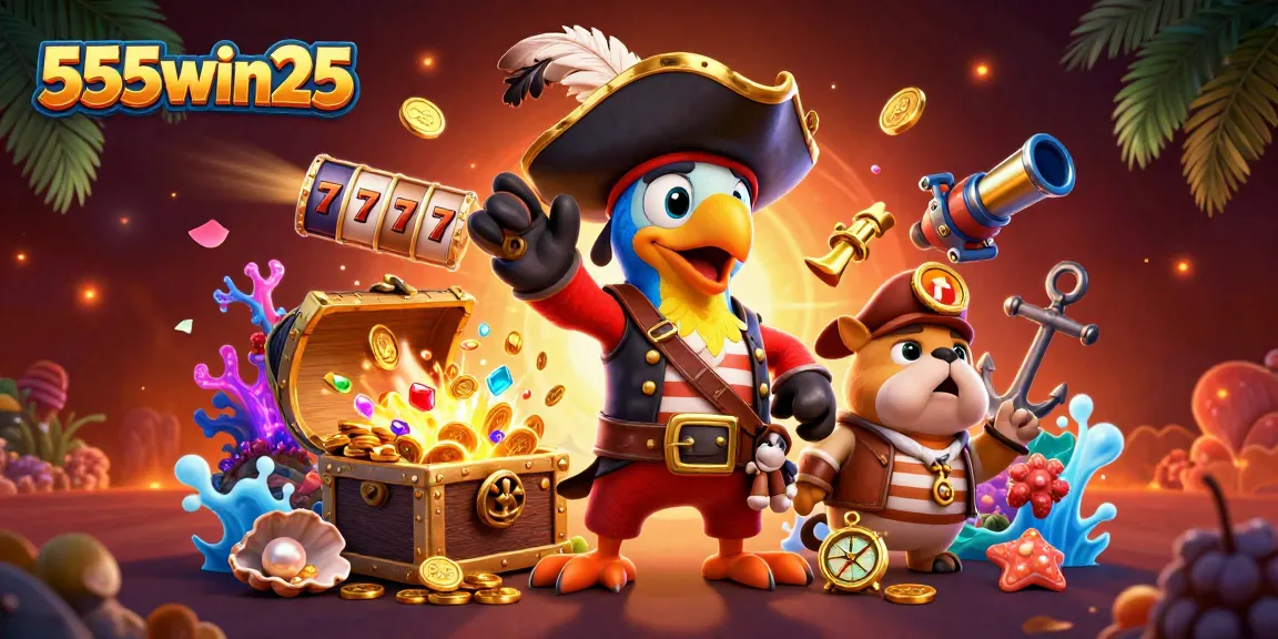 Experience thrilling adventures with 555win25 as pirate characters explore a casino treasure trove.