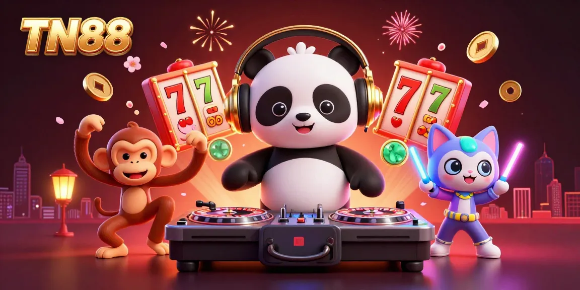 Experience thrilling gameplay at TN88 with cartoon characters celebrating around spinning slot reels.
