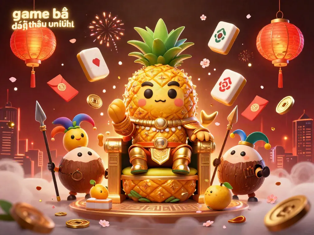 Engage with game bài đổi thưởng uy tín through a vibrant, rich 3D casino fantasy scene featuring a golden pineapple king, surrounded by dynamic gaming elements.
