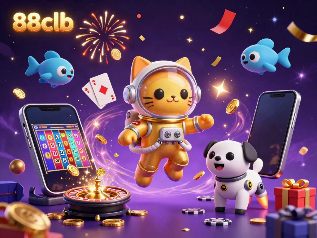 Engage with 88clb's thrilling gaming world featuring a golden astronaut cat, robot dog, and slot games.