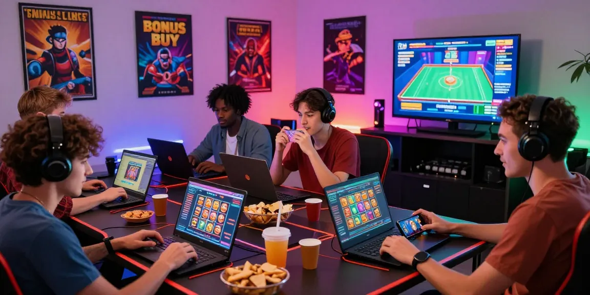 Engaged friends playing Bonus Buy Slots at https://cocomaya.co.uk with vibrant LED lighting and snacks.