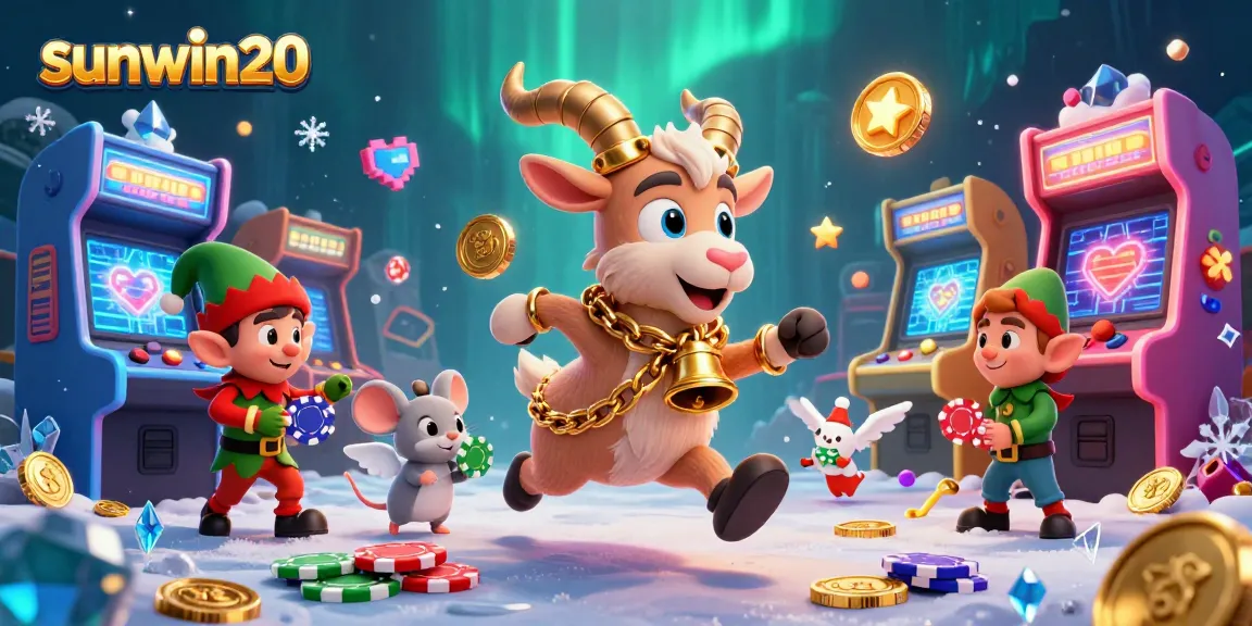 Experience the thrill of sunwin20 with a festive casino scene featuring animated characters and vibrant game elements.
