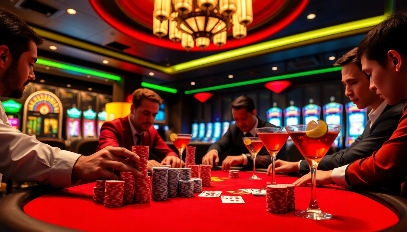 Players engage in an exciting poker match at Hi88, showcasing strategy and high stakes with vibrant tables and chips.
