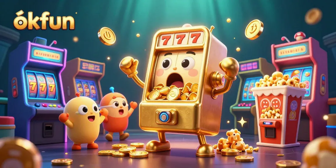 okfun slot machine wins jackpot as coins scatter, creating a festive casino atmosphere.