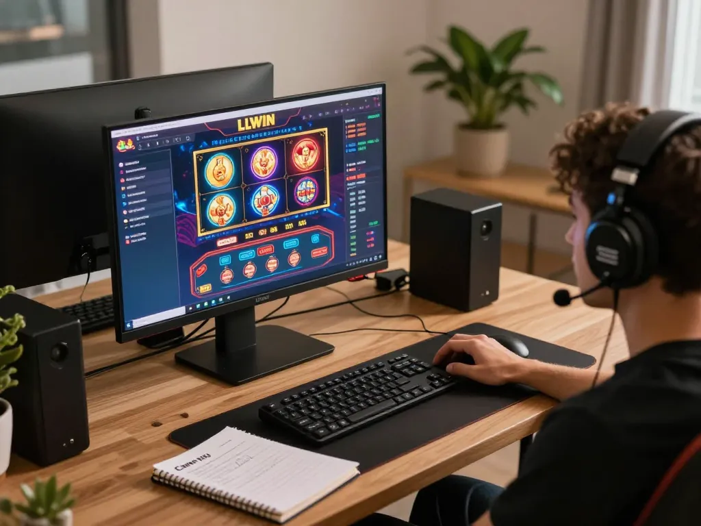 Engaging moment with LLWIN online casino gaming setup showing user strategies and vibrant interface.