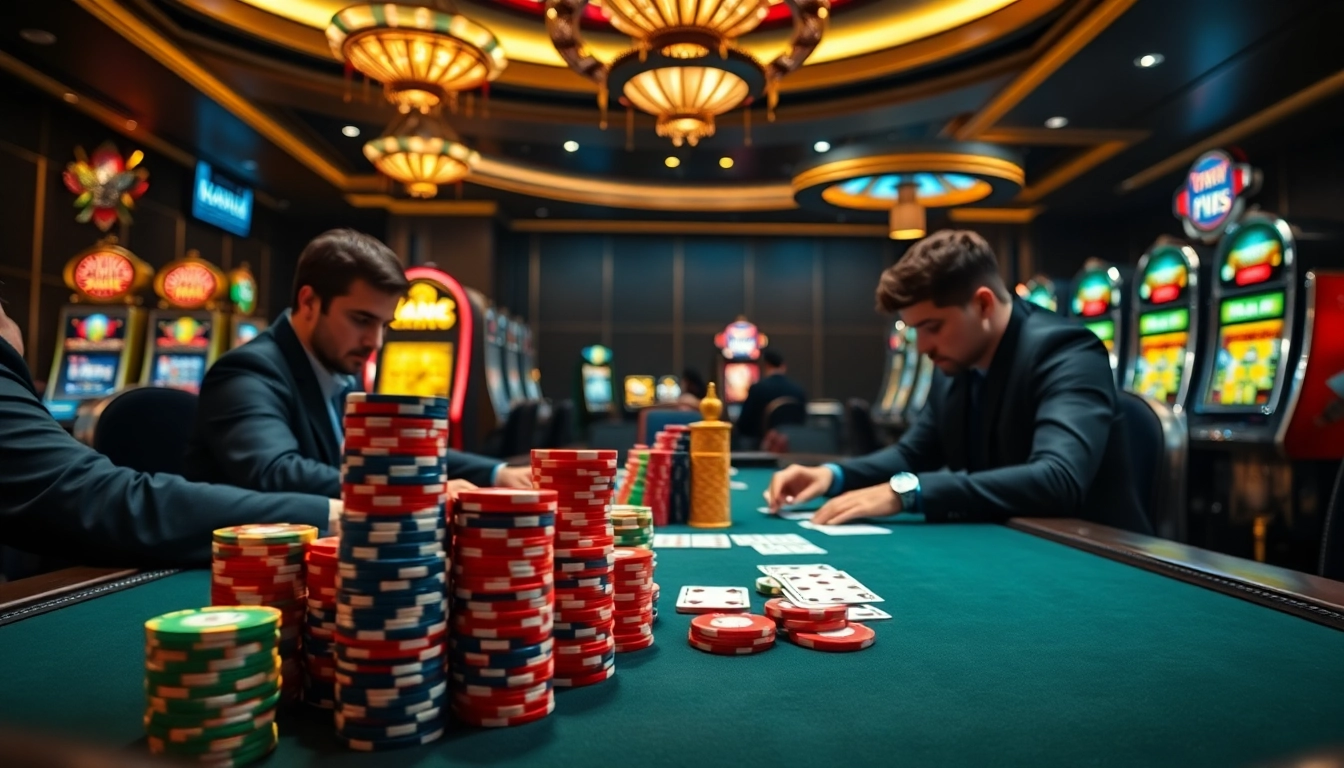 Poker players engaged in an intense game at 33win.place adorned with luxurious casino elements.