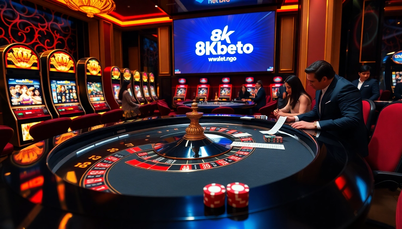 Experience the thrill of gambling at 8kbet.ngo with an elegant casino atmosphere featuring roulette and poker action.