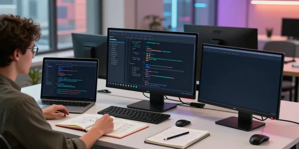 Explore the features of MovieBox old version with a developer at work on a sleek app interface.