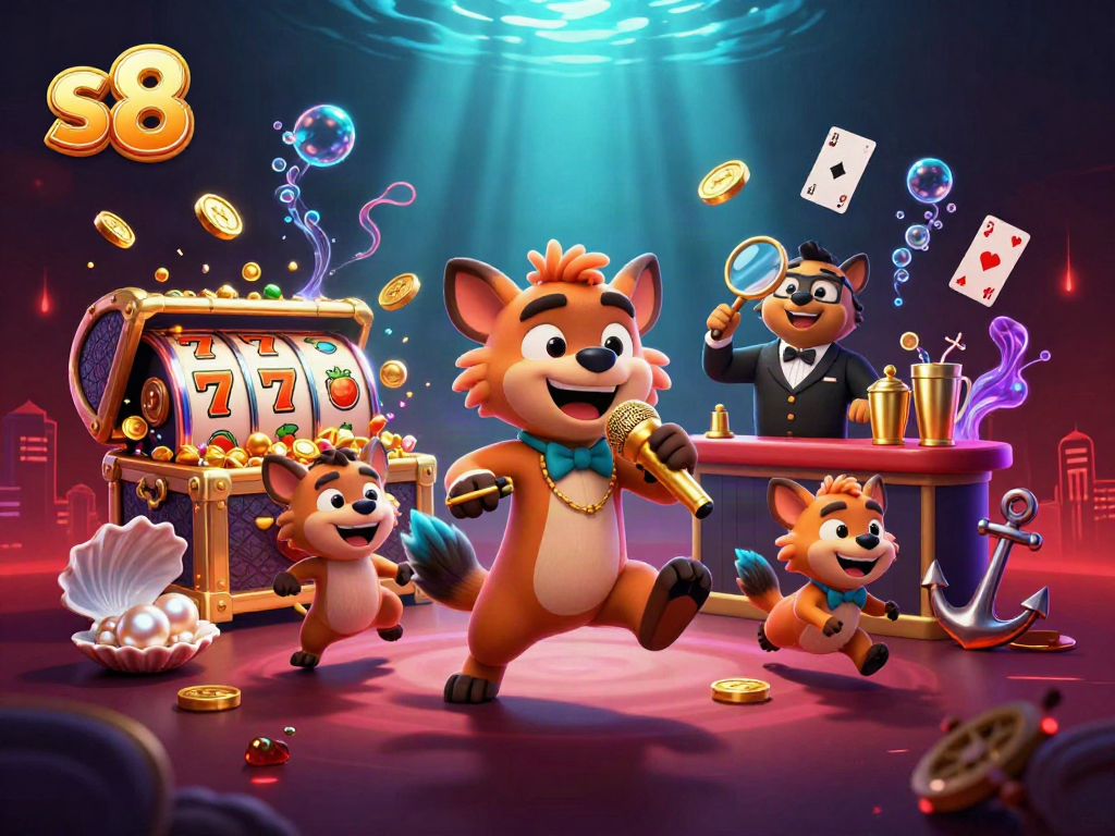 Join the fun at S8's vibrant comedy casino club featuring hyenas, with colorful slot reels and treasures.