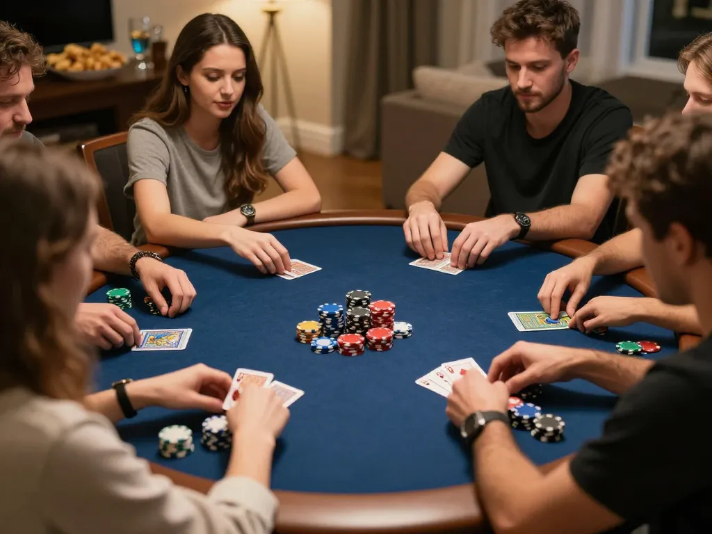 B52club players enjoying an exciting poker night with chips and cards in a cozy setting